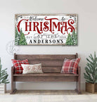 Welcome to Christmas at the Family Name Sign Personalized Holiday Art Canvas handmade by ToeFishArt. Original, custom, personalized wall decor signs. Canvas, Wood or Metal. Rustic modern farmhouse, cottagecore, vintage, retro, industrial, Americana, primitive, country, coastal, minimalist.