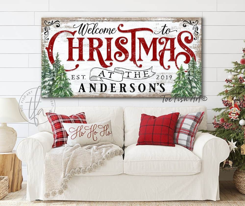 Welcome to Christmas at the Family Name Sign Personalized Holiday Art Canvas handmade by ToeFishArt. Original, custom, personalized wall decor signs. Canvas, Wood or Metal. Rustic modern farmhouse, cottagecore, vintage, retro, industrial, Americana, primitive, country, coastal, minimalist.