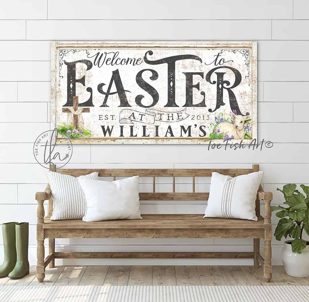 Welcome to Easter Sign w/Cross & Lamb handmade by ToeFishArt. Original, custom, personalized wall decor signs. Canvas, Wood or Metal. Rustic modern farmhouse, cottagecore, vintage, retro, industrial, Americana, primitive, country, coastal, minimalist.