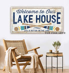 Welcome to Our Lake House Sign handmade by ToeFishArt. Original, custom, personalized wall decor signs. Canvas, Wood or Metal. Rustic modern farmhouse, cottagecore, vintage, retro, industrial, Americana, primitive, country, coastal, minimalist.