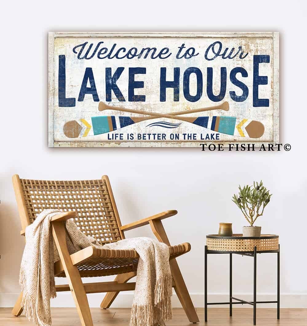 Welcome to Our Lake House Sign handmade by ToeFishArt. Original, custom, personalized wall decor signs. Canvas, Wood or Metal. Rustic modern farmhouse, cottagecore, vintage, retro, industrial, Americana, primitive, country, coastal, minimalist.