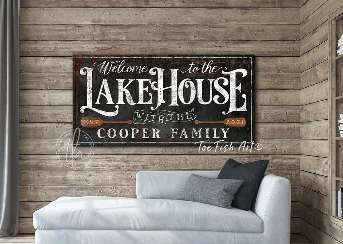 Welcome to the Lake House Sign handmade by ToeFishArt. Original, custom, personalized wall decor signs. Canvas, Wood or Metal. Rustic modern farmhouse, cottagecore, vintage, retro, industrial, Americana, primitive, country, coastal, minimalist.