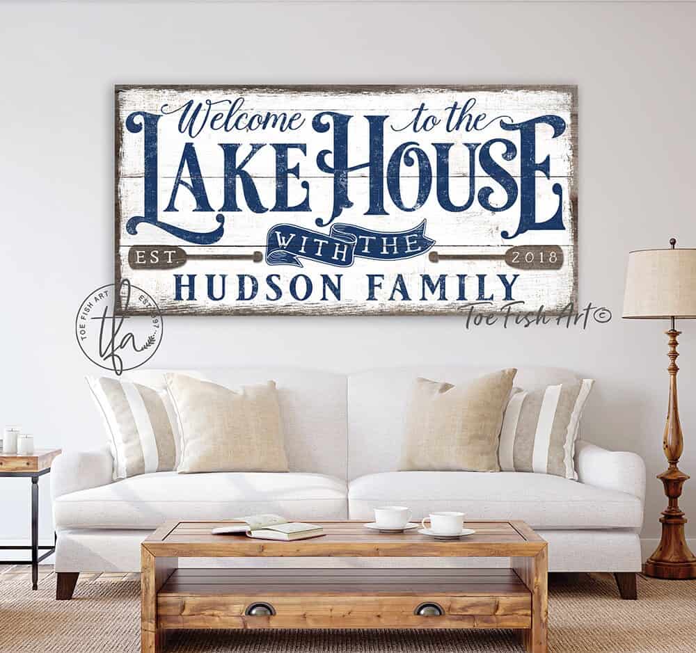 Welcome to the Lake House Sign handmade by ToeFishArt. Original, custom, personalized wall decor signs. Canvas, Wood or Metal. Rustic modern farmhouse, cottagecore, vintage, retro, industrial, Americana, primitive, country, coastal, minimalist.