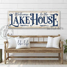 Welcome to the Lake House Sign handmade by ToeFishArt. Original, custom, personalized wall decor signs. Canvas, Wood or Metal. Rustic modern farmhouse, cottagecore, vintage, retro, industrial, Americana, primitive, country, coastal, minimalist.