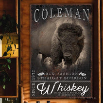Whiskey Sign handmade by ToeFishArt. Original, custom, personalized wall decor signs. Canvas, Wood or Metal. Rustic modern farmhouse, cottagecore, vintage, retro, industrial, Americana, primitive, country, coastal, minimalist.