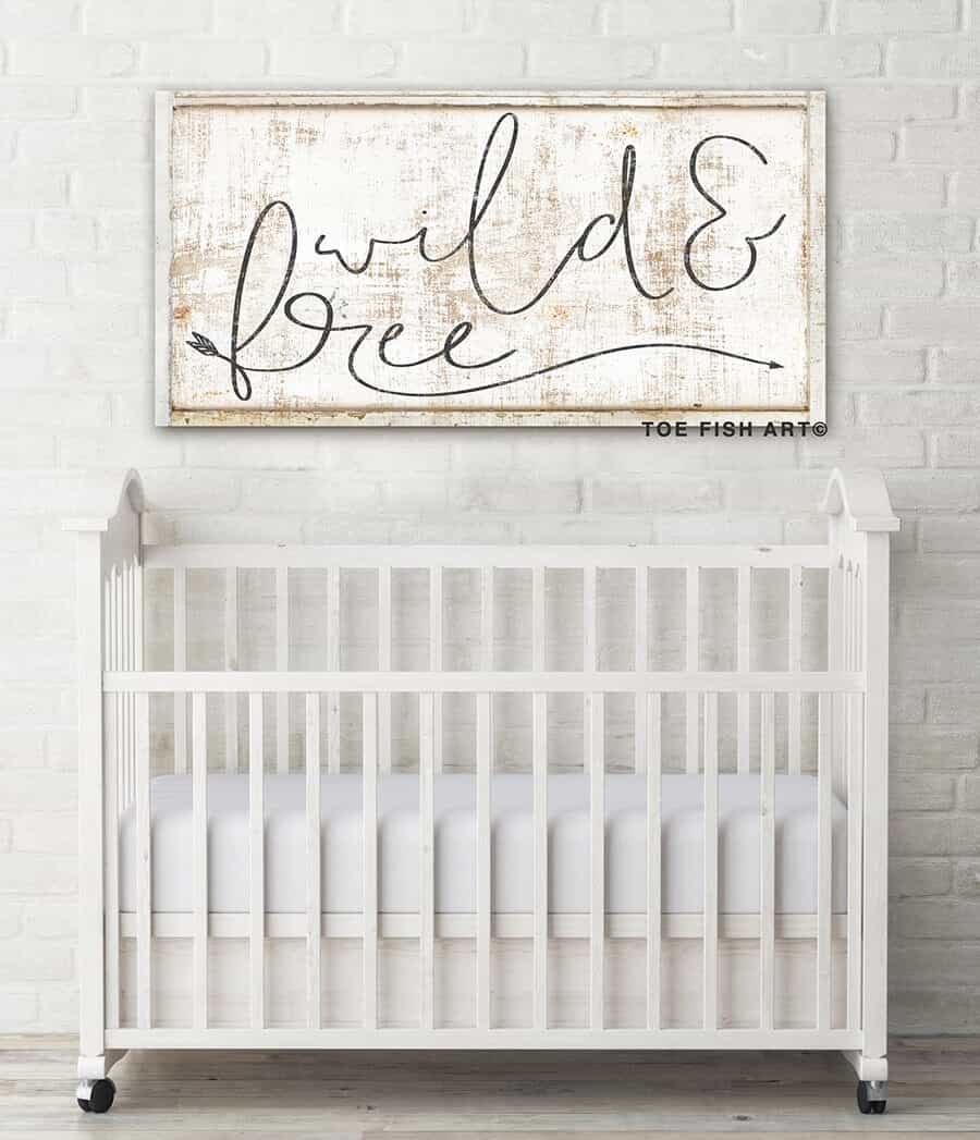 Wild & Free Sign handmade by ToeFishArt. Original, custom, personalized wall decor signs. Canvas, Wood or Metal. Rustic modern farmhouse, cottagecore, vintage, retro, industrial, Americana, primitive, country, coastal, minimalist.