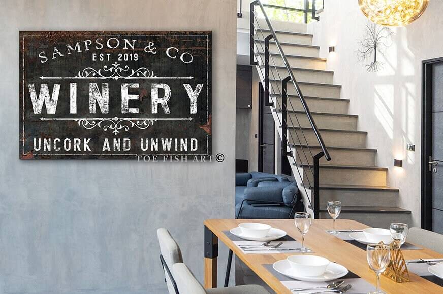 Winery Sign handmade by ToeFishArt. Original, custom, personalized wall decor signs. Canvas, Wood or Metal. Rustic modern farmhouse, cottagecore, vintage, retro, industrial, Americana, primitive, country, coastal, minimalist.