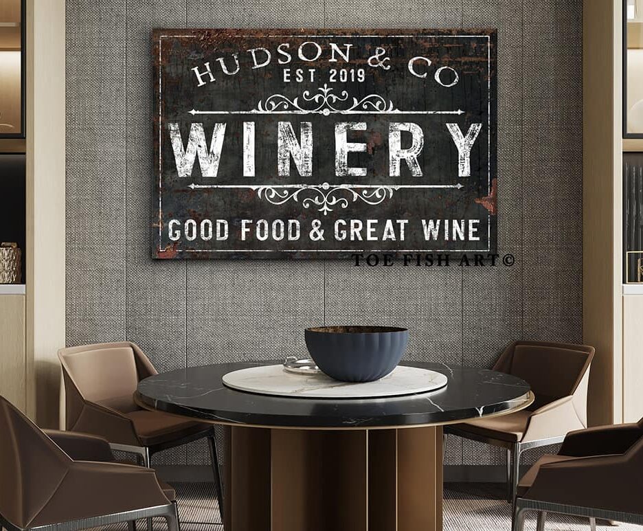 Winery Sign handmade by ToeFishArt. Original, custom, personalized wall decor signs. Canvas, Wood or Metal. Rustic modern farmhouse, cottagecore, vintage, retro, industrial, Americana, primitive, country, coastal, minimalist.