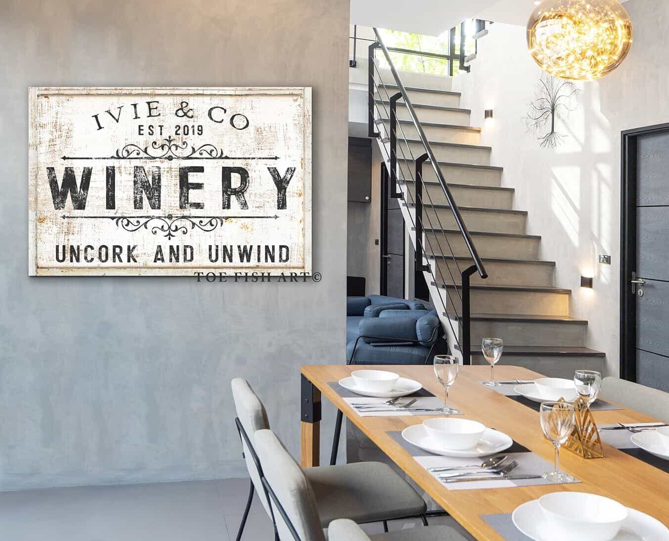 Winery Sign handmade by ToeFishArt. Original, custom, personalized wall decor signs. Canvas, Wood or Metal. Rustic modern farmhouse, cottagecore, vintage, retro, industrial, Americana, primitive, country, coastal, minimalist.