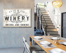 Winery Sign handmade by ToeFishArt. Original, custom, personalized wall decor signs. Canvas, Wood or Metal. Rustic modern farmhouse, cottagecore, vintage, retro, industrial, Americana, primitive, country, coastal, minimalist.