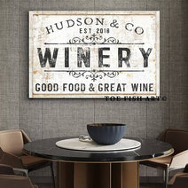 Winery Sign handmade by ToeFishArt. Original, custom, personalized wall decor signs. Canvas, Wood or Metal. Rustic modern farmhouse, cottagecore, vintage, retro, industrial, Americana, primitive, country, coastal, minimalist.