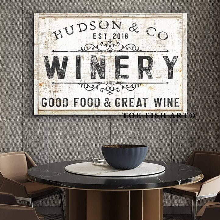 Winery Sign handmade by ToeFishArt. Original, custom, personalized wall decor signs. Canvas, Wood or Metal. Rustic modern farmhouse, cottagecore, vintage, retro, industrial, Americana, primitive, country, coastal, minimalist.
