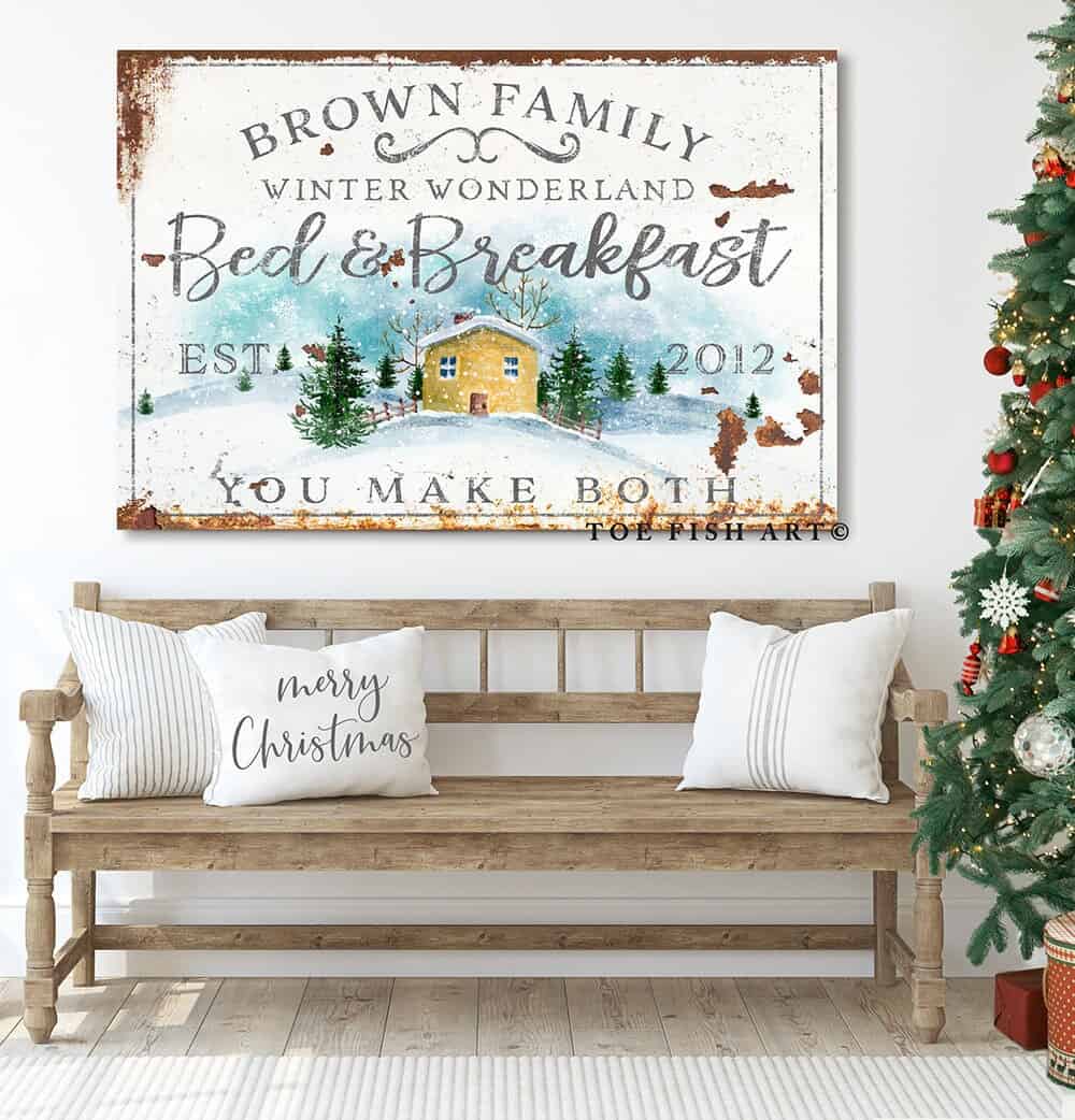 Winter Wonderland Bed & Breakfast Sign handmade by ToeFishArt. Original, custom, personalized wall decor signs. Canvas, Wood or Metal. Rustic modern farmhouse, cottagecore, vintage, retro, industrial, Americana, primitive, country, coastal, minimalist.