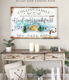 Winter Wonderland Bed & Breakfast Sign handmade by ToeFishArt. Original, custom, personalized wall decor signs. Canvas, Wood or Metal. Rustic modern farmhouse, cottagecore, vintage, retro, industrial, Americana, primitive, country, coastal, minimalist.