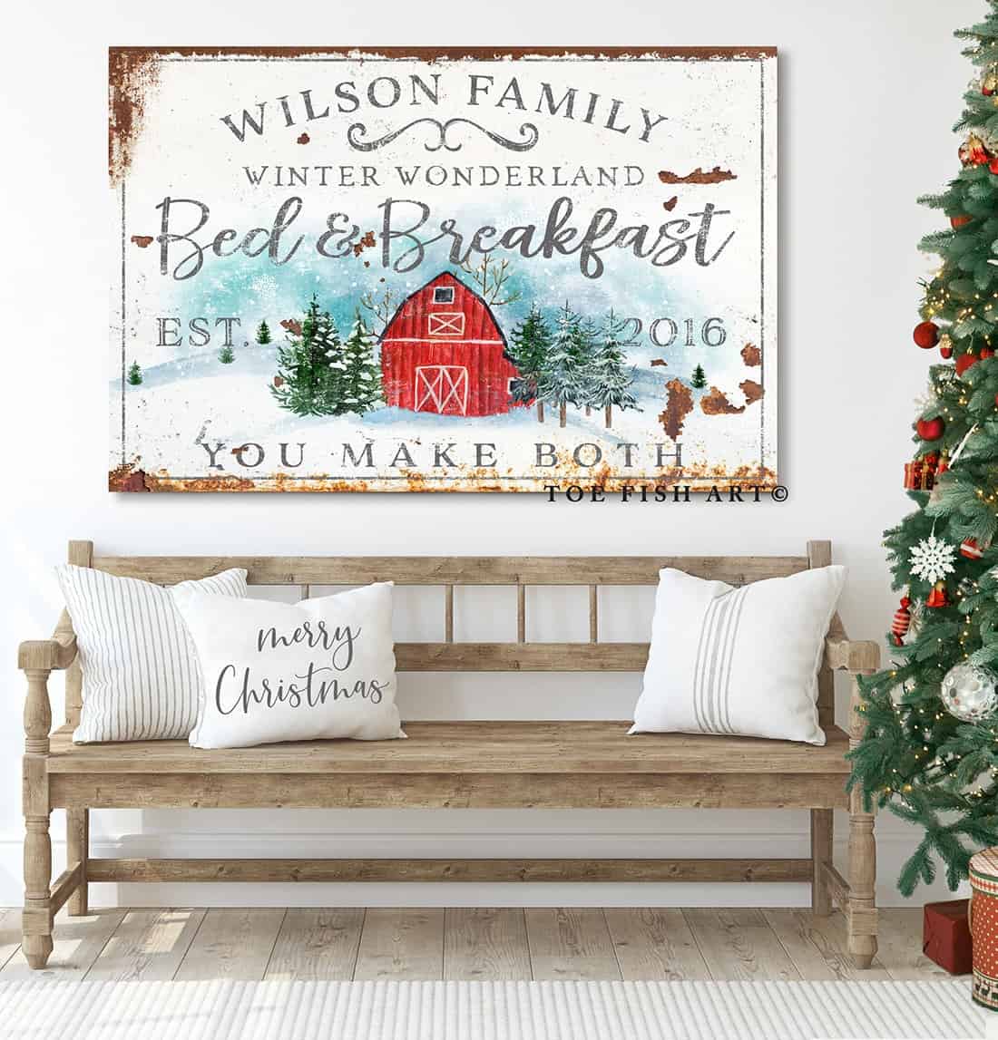Winter Wonderland Bed & Breakfast Sign handmade by ToeFishArt. Original, custom, personalized wall decor signs. Canvas, Wood or Metal. Rustic modern farmhouse, cottagecore, vintage, retro, industrial, Americana, primitive, country, coastal, minimalist.