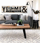 You, Me & the Dogs Sign handmade by ToeFishArt. Original, custom, personalized wall decor signs. Canvas, Wood or Metal. Rustic modern farmhouse, cottagecore, vintage, retro, industrial, Americana, primitive, country, coastal, minimalist.