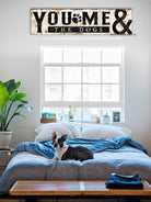 You, Me & the Dogs Sign handmade by ToeFishArt. Original, custom, personalized wall decor signs. Canvas, Wood or Metal. Rustic modern farmhouse, cottagecore, vintage, retro, industrial, Americana, primitive, country, coastal, minimalist.