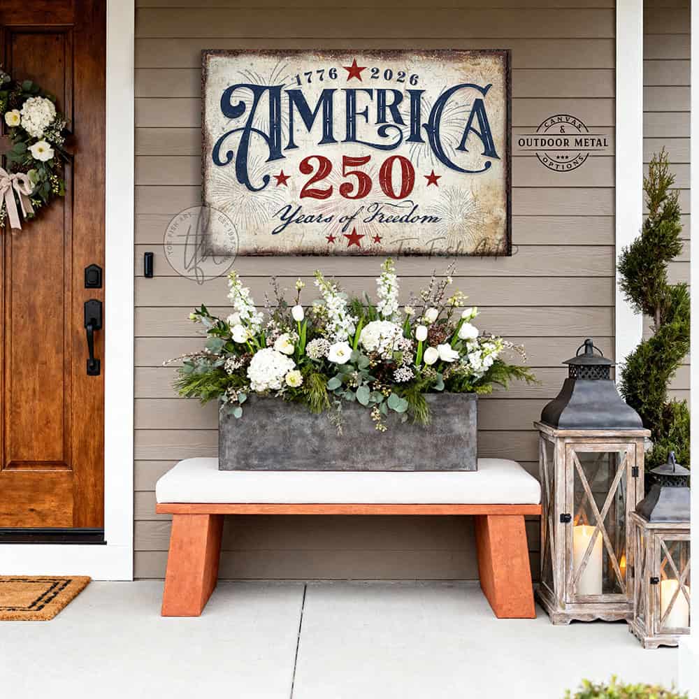 American independence anniversary celebrating 1776–2026: "250 Years of Freedom" vintage patriotic wall art in rustic red, white, and blue Americana style, designed and made exclusively by Toe Fish Art. Be surrounded by decor you LOVE! Choose premium framed canvas or durable outdoor metal. Toe Fish Art makes artisan wall art with American materials. Proudly Made in the USA, each piece is expertly constructed with genuine craftsmanship, heritage quality, and rustic charm.