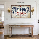 American independence anniversary celebrating 1776–2026: "250 Years of Freedom" vintage patriotic wall art in rustic red, white, and blue Americana style, designed and made exclusively by Toe Fish Art. Be surrounded by decor you LOVE! Choose premium framed canvas or durable outdoor metal. Toe Fish Art makes artisan wall art with American materials. Proudly Made in the USA, each piece is expertly constructed with genuine craftsmanship, heritage quality, and rustic charm.