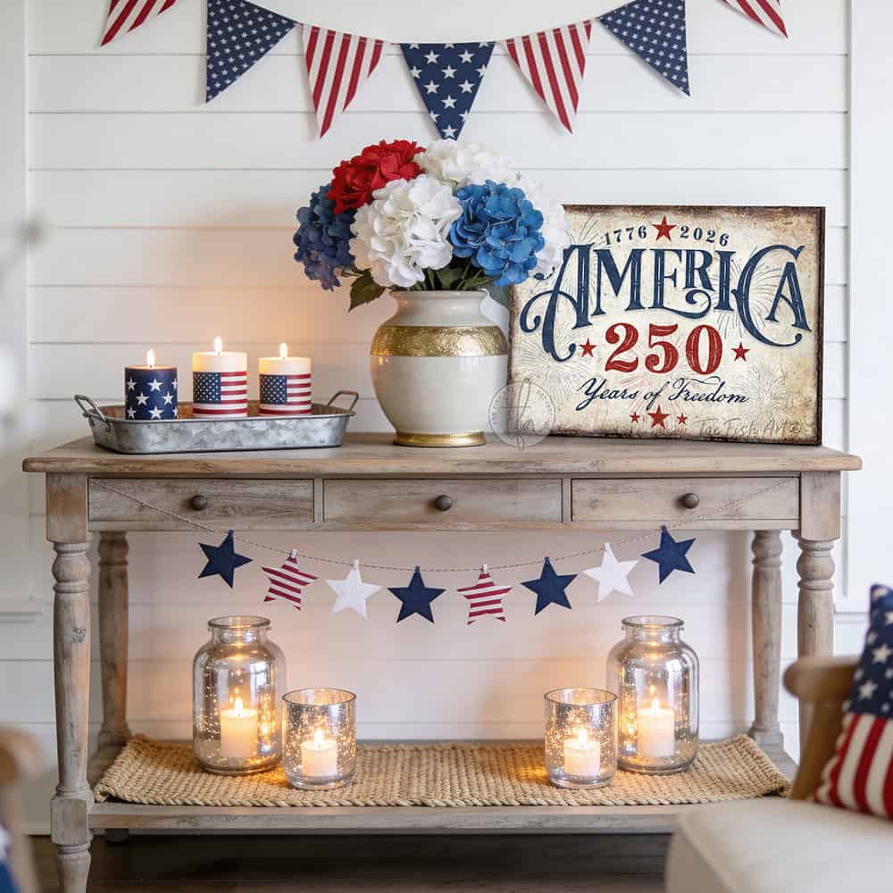 American independence anniversary celebrating 1776–2026: "250 Years of Freedom" vintage patriotic wall art in rustic red, white, and blue Americana style, designed and made exclusively by Toe Fish Art. Be surrounded by decor you LOVE! Choose premium framed canvas or durable outdoor metal. Toe Fish Art makes artisan wall art with American materials. Proudly Made in the USA, each piece is expertly constructed with genuine craftsmanship, heritage quality, and rustic charm.