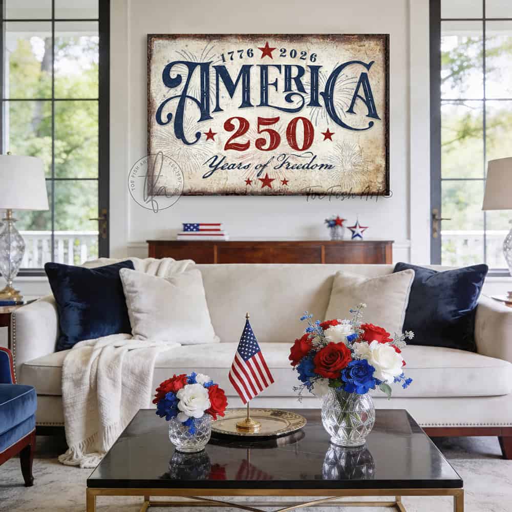 American independence anniversary celebrating 1776–2026: "250 Years of Freedom" vintage patriotic wall art in rustic red, white, and blue Americana style, designed and made exclusively by Toe Fish Art. Be surrounded by decor you LOVE! Choose premium framed canvas or durable outdoor metal. Toe Fish Art makes artisan wall art with American materials. Proudly Made in the USA, each piece is expertly constructed with genuine craftsmanship, heritage quality, and rustic charm.
