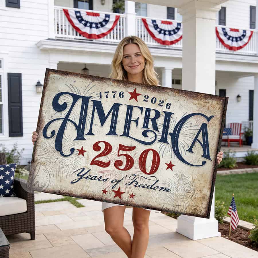 American independence anniversary celebrating 1776–2026: "250 Years of Freedom" vintage patriotic wall art in rustic red, white, and blue Americana style, designed and made exclusively by Toe Fish Art. Be surrounded by decor you LOVE! Choose premium framed canvas or durable outdoor metal. Toe Fish Art makes artisan wall art with American materials. Proudly Made in the USA, each piece is expertly constructed with genuine craftsmanship, heritage quality, and rustic charm.