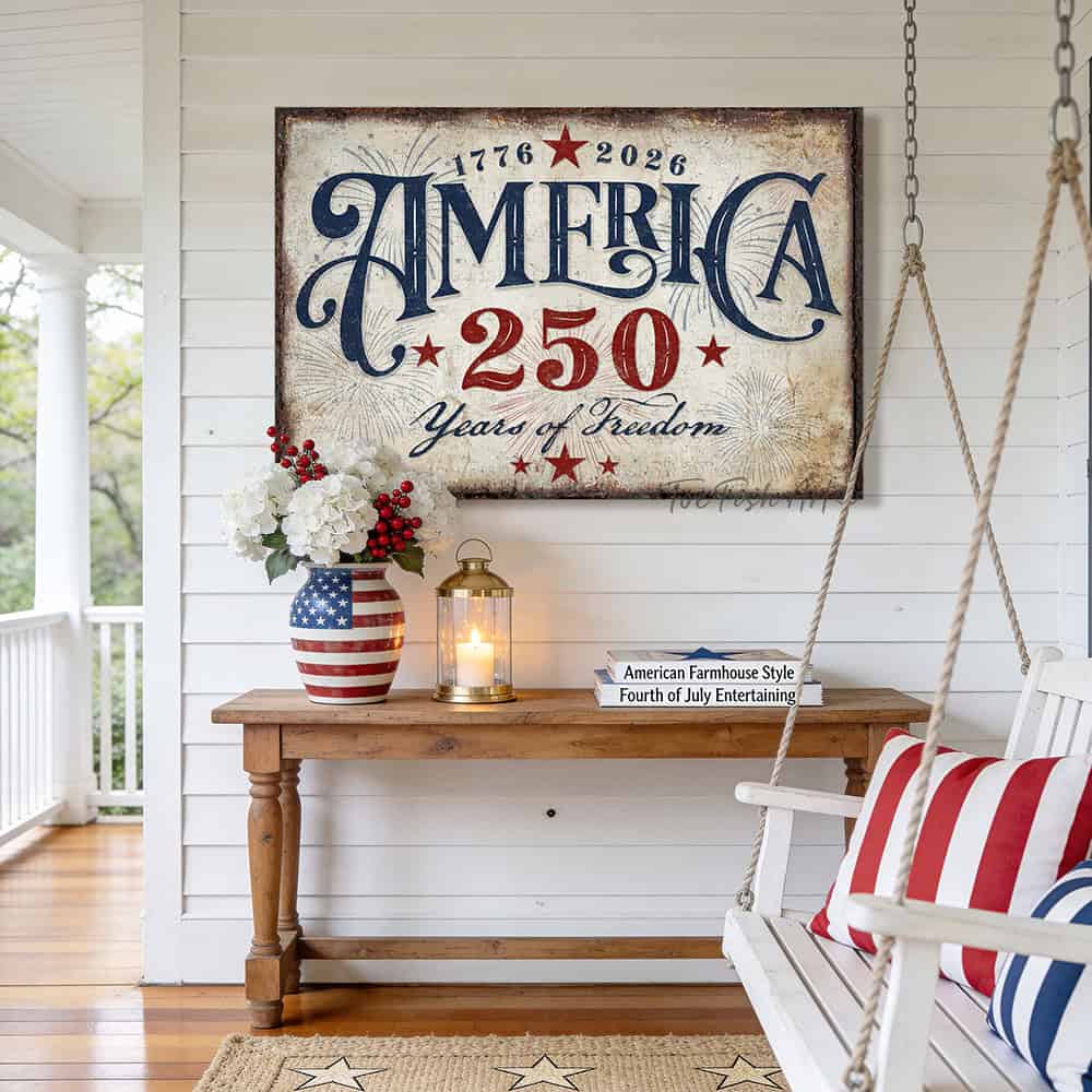 American independence anniversary celebrating 1776–2026: "250 Years of Freedom" vintage patriotic wall art in rustic red, white, and blue Americana style, designed and made exclusively by Toe Fish Art. Be surrounded by decor you LOVE! Choose premium framed canvas or durable outdoor metal. Toe Fish Art makes artisan wall art with American materials. Proudly Made in the USA, each piece is expertly constructed with genuine craftsmanship, heritage quality, and rustic charm.