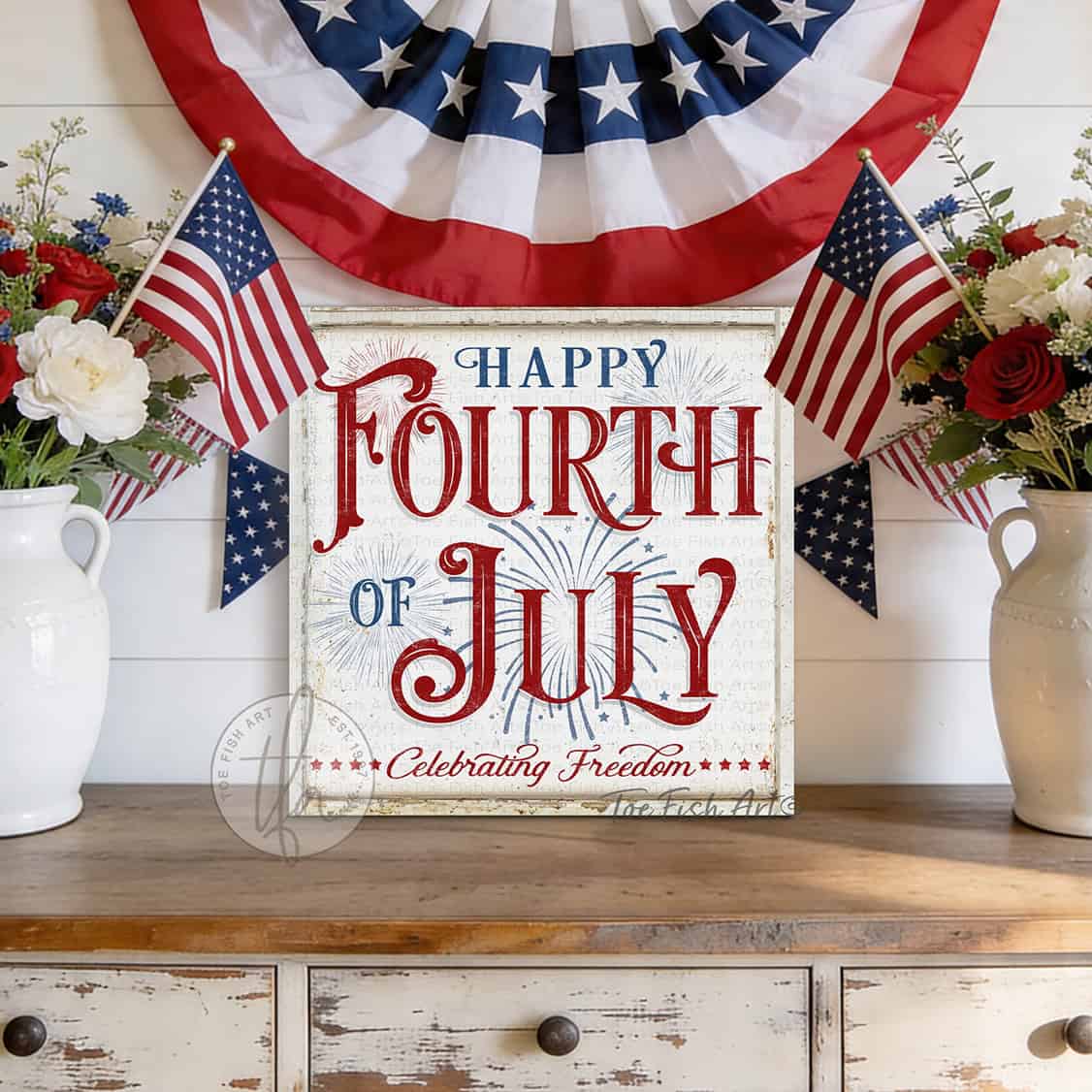 Celebrate America and Freedom with this Happy Fourth of July sign featuring a vintage red, white, and blue design with subtle fireworks and stars handmade in the USA by Toe Fish Art. Choose between premium framed canvas or durable outdoor metal. Toe Fish Art makes artisan wall art with American materials. Proudly Made in the USA, each piece is expertly constructed with genuine craftsmanship, heritage quality, and rustic charm.
