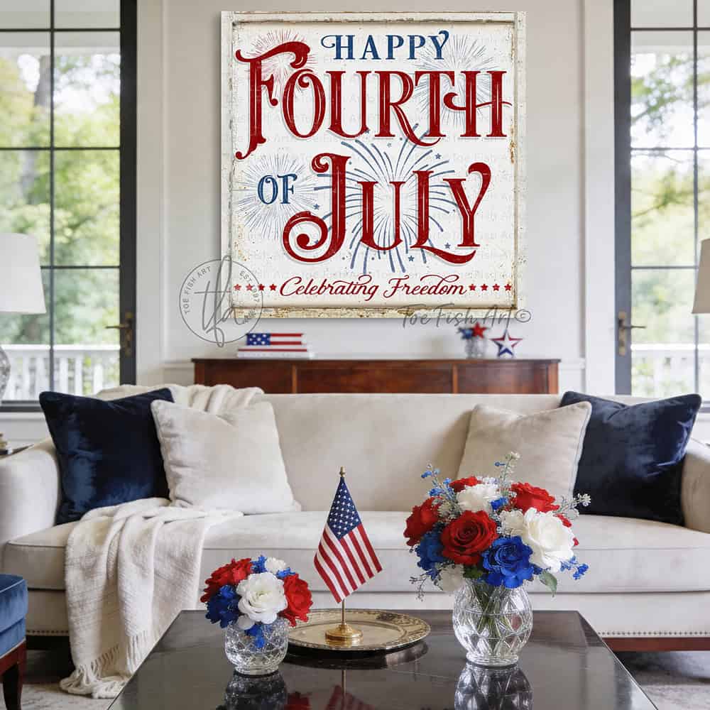 Celebrate America and Freedom with this Happy Fourth of July sign featuring a vintage red, white, and blue design with subtle fireworks and stars handmade in the USA by Toe Fish Art. Choose between premium framed canvas or durable outdoor metal. Toe Fish Art makes artisan wall art with American materials. Proudly Made in the USA, each piece is expertly constructed with genuine craftsmanship, heritage quality, and rustic charm.