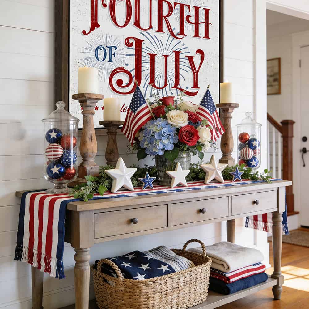 Celebrate America and Freedom with this Happy Fourth of July sign featuring a vintage red, white, and blue design with subtle fireworks and stars handmade in the USA by Toe Fish Art. Choose between premium framed canvas or durable outdoor metal. Toe Fish Art makes artisan wall art with American materials. Proudly Made in the USA, each piece is expertly constructed with genuine craftsmanship, heritage quality, and rustic charm.
