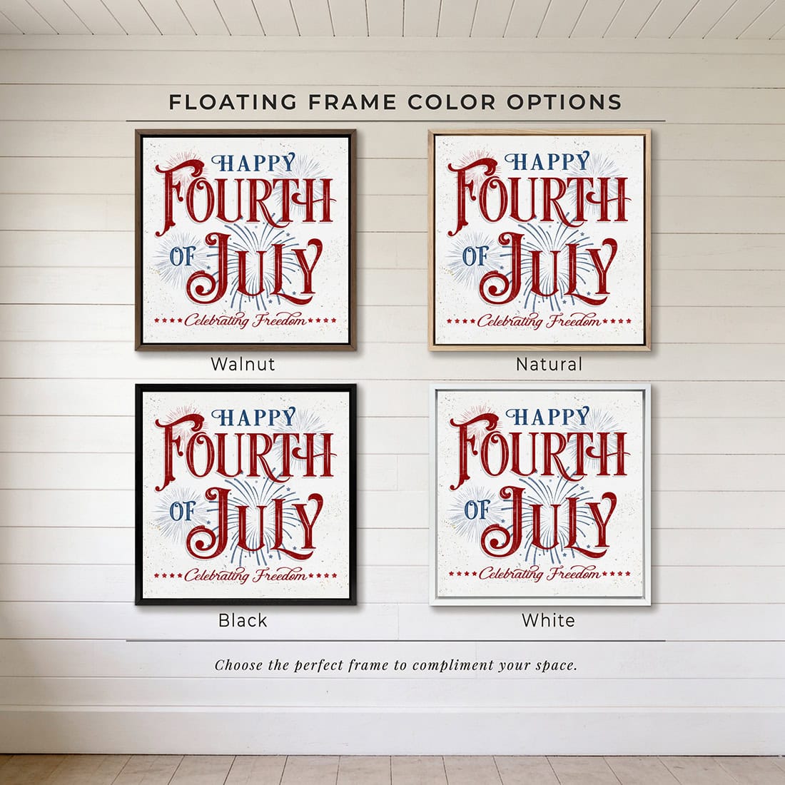 Celebrate America and Freedom with this Happy Fourth of July sign featuring a vintage red, white, and blue design with subtle fireworks and stars handmade in the USA by Toe Fish Art. Choose between premium framed canvas or durable outdoor metal. Toe Fish Art makes artisan wall art with American materials. Proudly Made in the USA, each piece is expertly constructed with genuine craftsmanship, heritage quality, and rustic charm.