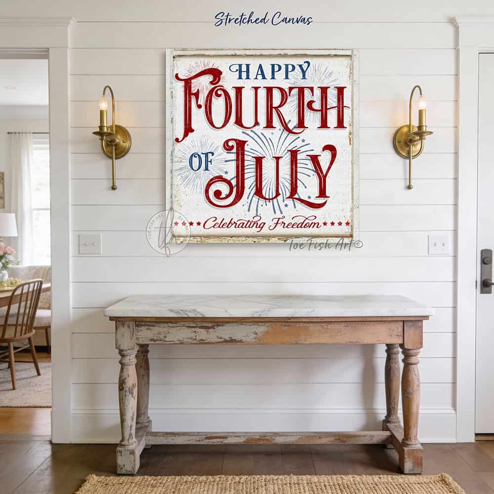 Celebrate America and Freedom with this Happy Fourth of July sign featuring a vintage red, white, and blue design with subtle fireworks and stars handmade in the USA by Toe Fish Art. Choose between premium framed canvas or durable outdoor metal. Toe Fish Art makes artisan wall art with American materials. Proudly Made in the USA, each piece is expertly constructed with genuine craftsmanship, heritage quality, and rustic charm.