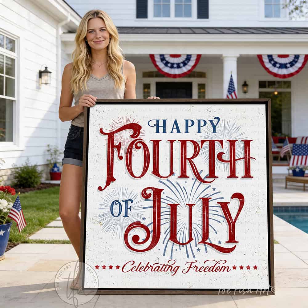 Celebrate America and Freedom with this Happy Fourth of July sign featuring a vintage red, white, and blue design with subtle fireworks and stars handmade in the USA by Toe Fish Art. Choose between premium framed canvas or durable outdoor metal. Toe Fish Art makes artisan wall art with American materials. Proudly Made in the USA, each piece is expertly constructed with genuine craftsmanship, heritage quality, and rustic charm.