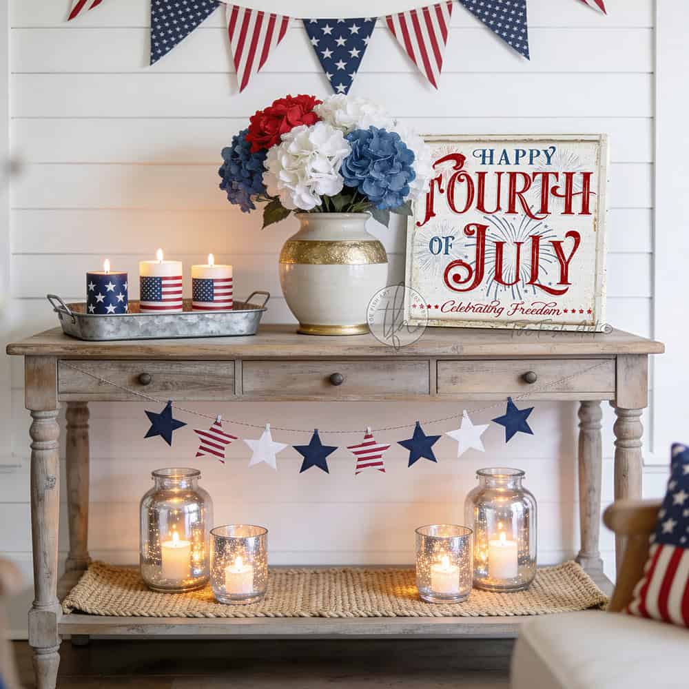 Celebrate America and Freedom with this Happy Fourth of July sign featuring a vintage red, white, and blue design with subtle fireworks and stars handmade in the USA by Toe Fish Art. Choose between premium framed canvas or durable outdoor metal. Toe Fish Art makes artisan wall art with American materials. Proudly Made in the USA, each piece is expertly constructed with genuine craftsmanship, heritage quality, and rustic charm.