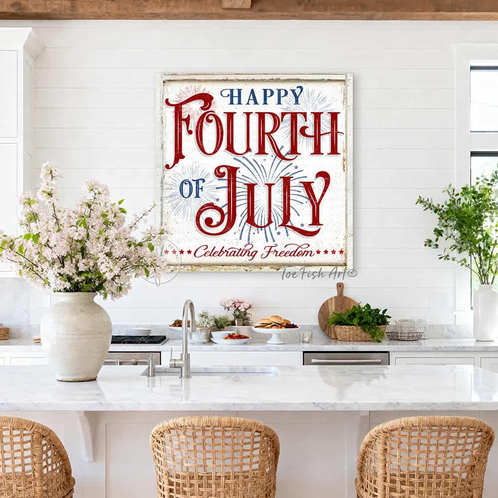 Celebrate America and Freedom with this Happy Fourth of July sign featuring a vintage red, white, and blue design with subtle fireworks and stars handmade in the USA by Toe Fish Art. Choose between premium framed canvas or durable outdoor metal. Toe Fish Art makes artisan wall art with American materials. Proudly Made in the USA, each piece is expertly constructed with genuine craftsmanship, heritage quality, and rustic charm.