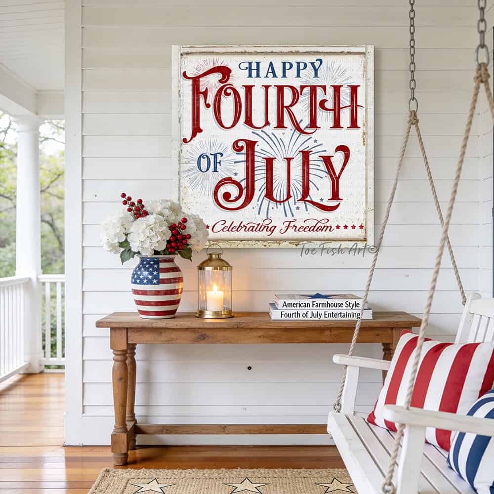 Celebrate America and Freedom with this Happy Fourth of July sign featuring a vintage red, white, and blue design with subtle fireworks and stars handmade in the USA by Toe Fish Art. Choose between premium framed canvas or durable outdoor metal. Toe Fish Art makes artisan wall art with American materials. Proudly Made in the USA, each piece is expertly constructed with genuine craftsmanship, heritage quality, and rustic charm.