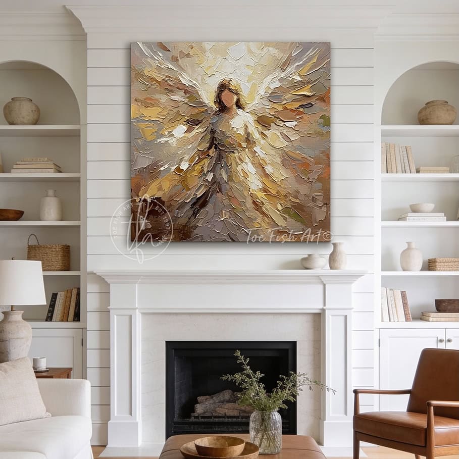 This stunning abstract angel wall art by Toe Fish Art blends contemporary design with meaningful spiritualism. Inspired by impasto-style paintings, the artwork features soft, layered textures and neutral yet bold tones. Be surrounded by decor you LOVE! Choose premium gallery-stretched canvas or elegant framed canvas. Toe Fish Art makes artisan wall art with American materials. Proudly Made in the USA, each piece is expertly constructed with genuine craftsmanship, heritage quality, and rustic charm.