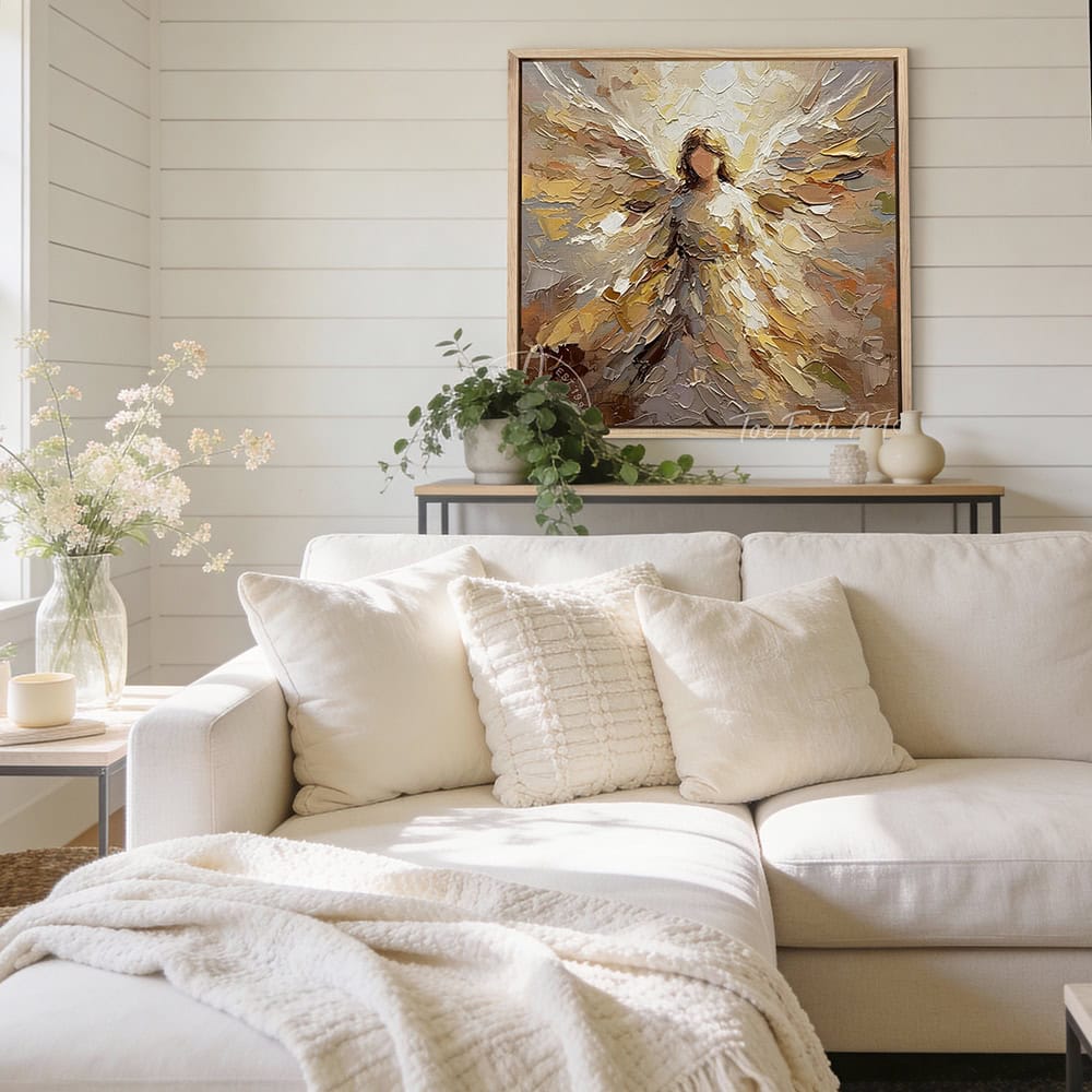 This stunning abstract angel wall art by Toe Fish Art blends contemporary design with meaningful spiritualism. Inspired by impasto-style paintings, the artwork features soft, layered textures and neutral yet bold tones. Be surrounded by decor you LOVE! Choose premium gallery-stretched canvas or elegant framed canvas. Toe Fish Art makes artisan wall art with American materials. Proudly Made in the USA, each piece is expertly constructed with genuine craftsmanship, heritage quality, and rustic charm.