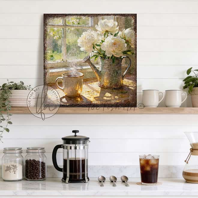 The comfort of sunlight, a warm mug of coffee, and fresh flowers in bloom—this charming piece by Toe Fish Art brings instant vintage magic. A square design captures cottagecore aesthetics with a cozy neutral color palette. Be surrounded by decor you LOVE! Choose premium framed canvas or durable outdoor metal. Toe Fish Art makes artisan wall art with American materials. Proudly Made in the USA, each piece is expertly constructed with genuine craftsmanship, heritage quality, and rustic charm.