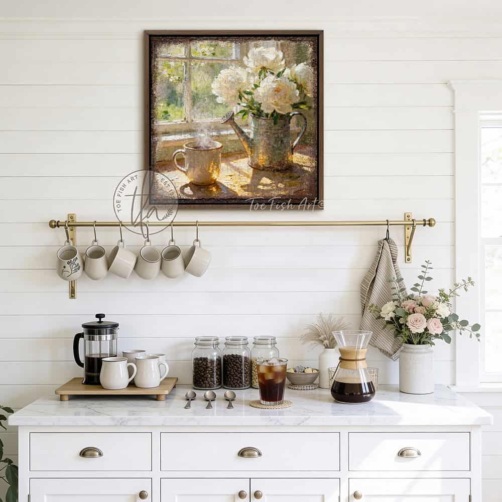 The comfort of sunlight, a warm mug of coffee, and fresh flowers in bloom—this charming piece by Toe Fish Art brings instant vintage magic. A square design captures cottagecore aesthetics with a cozy neutral color palette. Be surrounded by decor you LOVE! Choose premium framed canvas or durable outdoor metal. Toe Fish Art makes artisan wall art with American materials. Proudly Made in the USA, each piece is expertly constructed with genuine craftsmanship, heritage quality, and rustic charm.