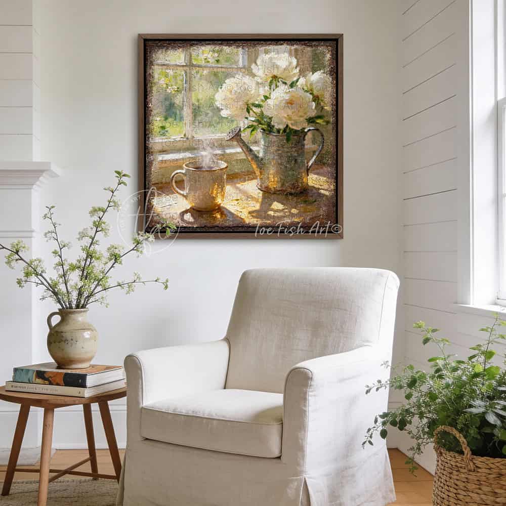 The comfort of sunlight, a warm mug of coffee, and fresh flowers in bloom—this charming piece by Toe Fish Art brings instant vintage magic. A square design captures cottagecore aesthetics with a cozy neutral color palette. Be surrounded by decor you LOVE! Choose premium framed canvas or durable outdoor metal. Toe Fish Art makes artisan wall art with American materials. Proudly Made in the USA, each piece is expertly constructed with genuine craftsmanship, heritage quality, and rustic charm.