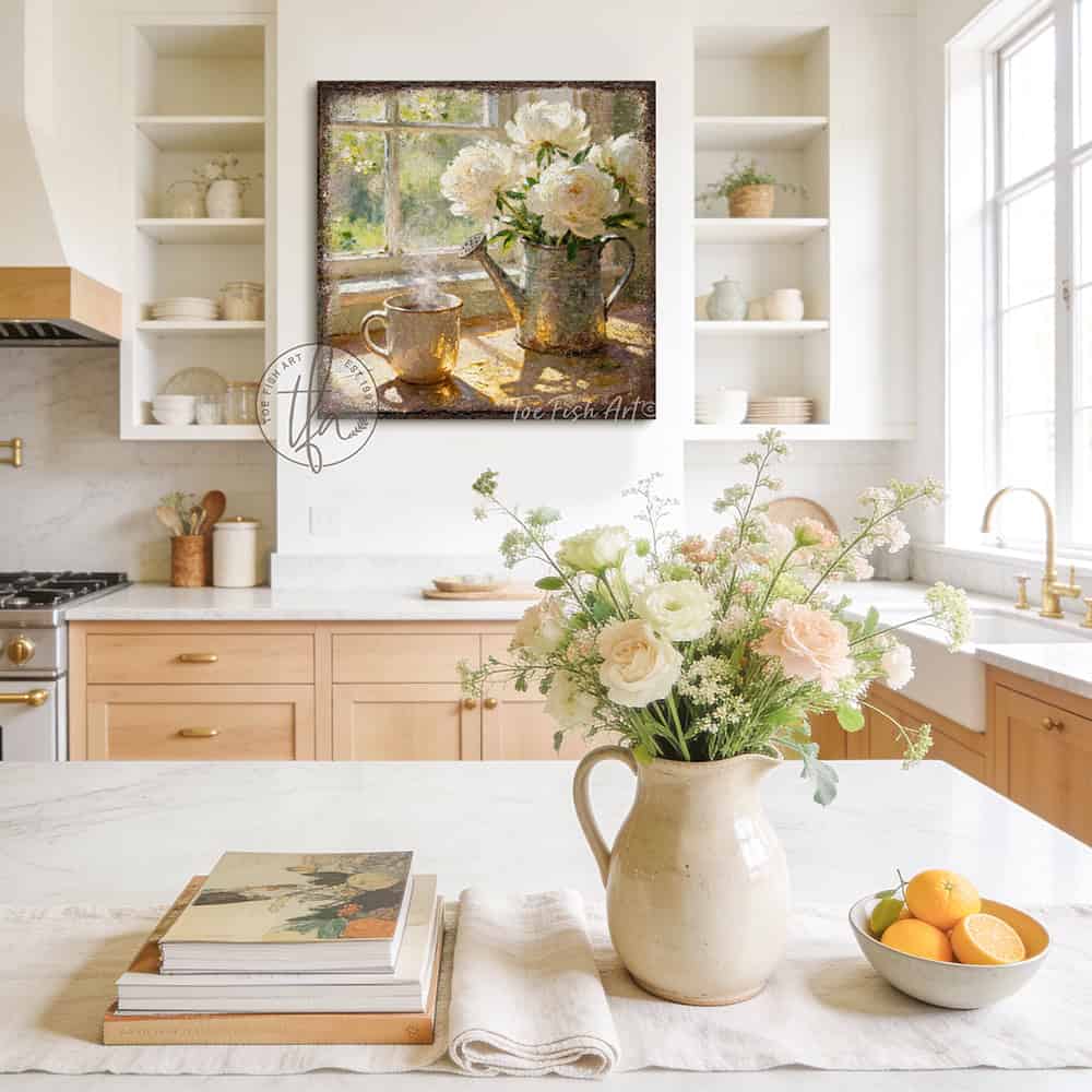 The comfort of sunlight, a warm mug of coffee, and fresh flowers in bloom—this charming piece by Toe Fish Art brings instant vintage magic. A square design captures cottagecore aesthetics with a cozy neutral color palette. Be surrounded by decor you LOVE! Choose premium framed canvas or durable outdoor metal. Toe Fish Art makes artisan wall art with American materials. Proudly Made in the USA, each piece is expertly constructed with genuine craftsmanship, heritage quality, and rustic charm.