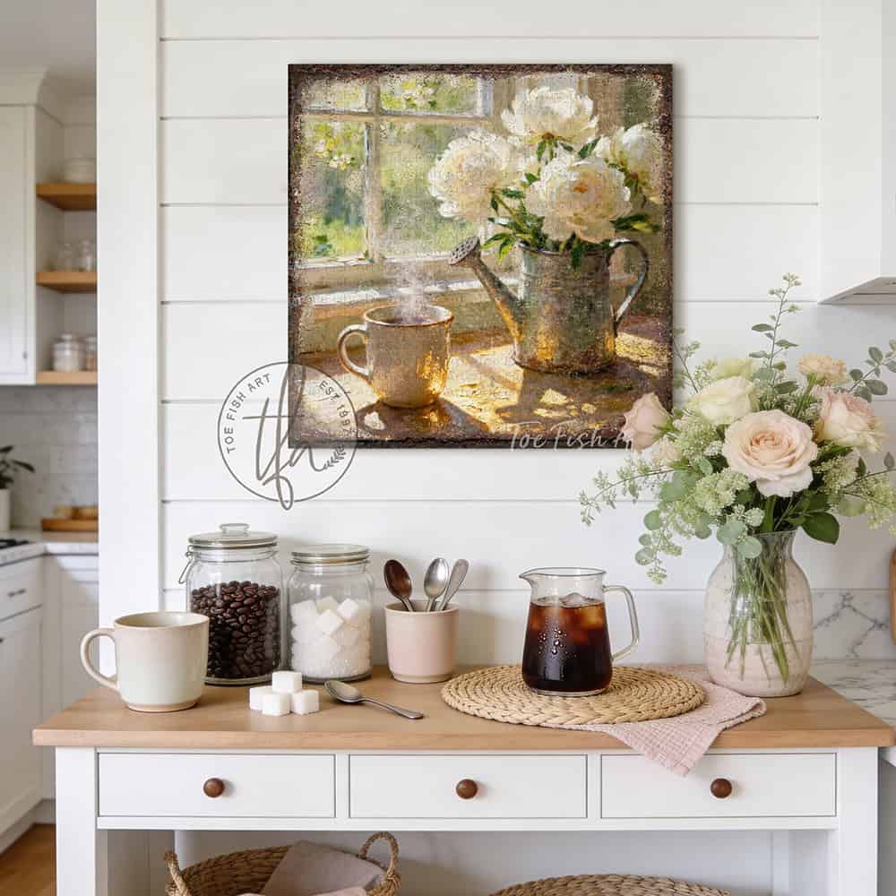 The comfort of sunlight, a warm mug of coffee, and fresh flowers in bloom—this charming piece by Toe Fish Art brings instant vintage magic. A square design captures cottagecore aesthetics with a cozy neutral color palette. Be surrounded by decor you LOVE! Choose premium framed canvas or durable outdoor metal. Toe Fish Art makes artisan wall art with American materials. Proudly Made in the USA, each piece is expertly constructed with genuine craftsmanship, heritage quality, and rustic charm.
