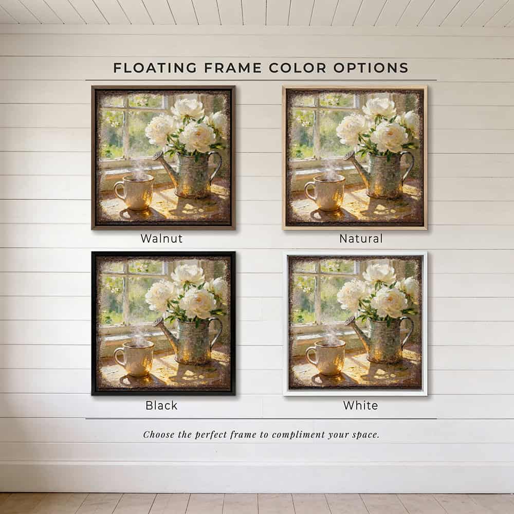 The comfort of sunlight, a warm mug of coffee, and fresh flowers in bloom—this charming piece by Toe Fish Art brings instant vintage magic. A square design captures cottagecore aesthetics with a cozy neutral color palette. Be surrounded by decor you LOVE! Choose premium framed canvas or durable outdoor metal. Toe Fish Art makes artisan wall art with American materials. Proudly Made in the USA, each piece is expertly constructed with genuine craftsmanship, heritage quality, and rustic charm.