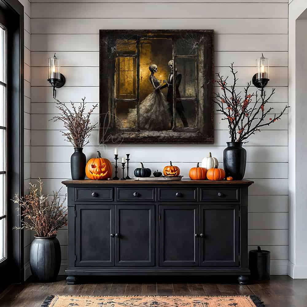 Team up with Toe Fish Art to create the ultimate Fall display with this Dancing Skeletons Halloween Gothic wall art statement piece. Gaze through a rustic, cobweb-covered window as elegantly dressed skeletons dance by candlelight, evoking a vintage romance feel. Choose between premium framed canvas or durable outdoor metal. Toe Fish Art makes artisan wall art with American materials. Proudly Made in the USA, each piece is expertly constructed with genuine craftsmanship, heritage quality, and rustic charm.