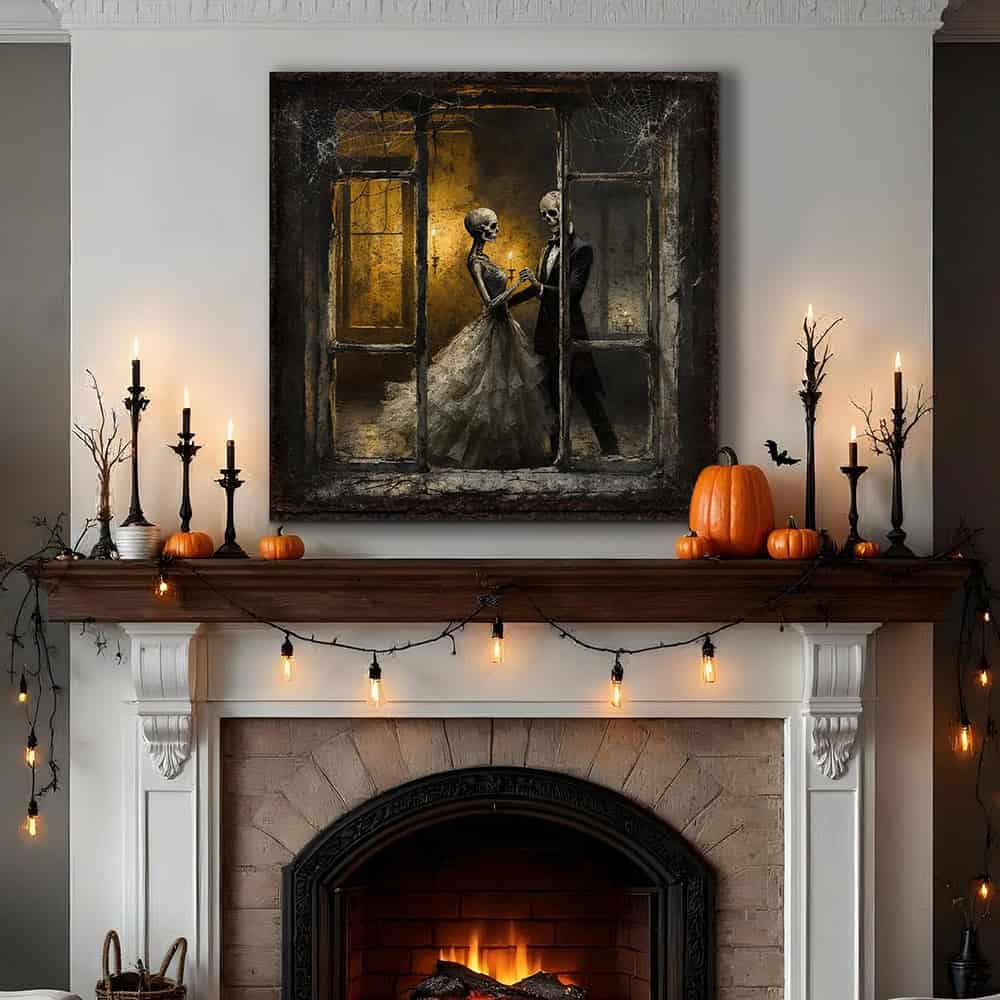 Team up with Toe Fish Art to create the ultimate Fall display with this Dancing Skeletons Halloween Gothic wall art statement piece. Gaze through a rustic, cobweb-covered window as elegantly dressed skeletons dance by candlelight, evoking a vintage romance feel. Choose between premium framed canvas or durable outdoor metal. Toe Fish Art makes artisan wall art with American materials. Proudly Made in the USA, each piece is expertly constructed with genuine craftsmanship, heritage quality, and rustic charm.