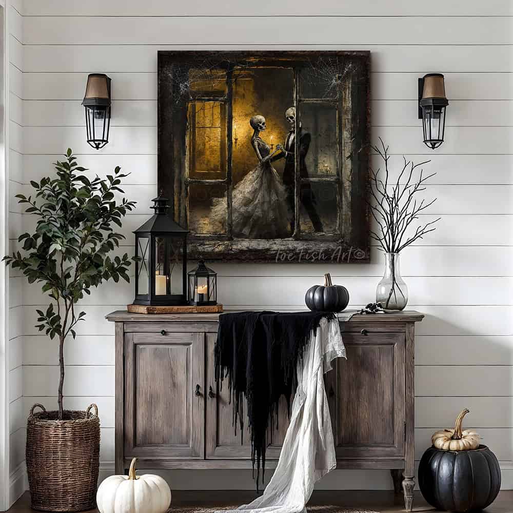 Team up with Toe Fish Art to create the ultimate Fall display with this Dancing Skeletons Halloween Gothic wall art statement piece. Gaze through a rustic, cobweb-covered window as elegantly dressed skeletons dance by candlelight, evoking a vintage romance feel. Choose between premium framed canvas or durable outdoor metal. Toe Fish Art makes artisan wall art with American materials. Proudly Made in the USA, each piece is expertly constructed with genuine craftsmanship, heritage quality, and rustic charm.