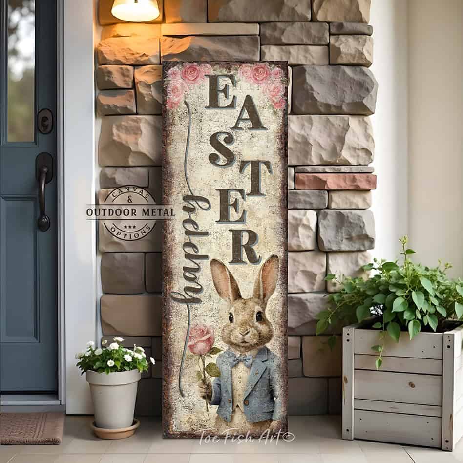 Toe Fish Art makes this premium quality vertical porch leaner "Vintage Easter Bunny Welcome sign" with soft pastel florals and cottagecore farmhouse style to refresh your spring front porch entryway with a "Happy Easter" message. Be surrounded by decor you LOVE! Choose between premium framed canvas or durable outdoor metal. Toe Fish Art makes artisan wall art with American materials. Proudly Made in the USA, each piece is expertly constructed with genuine craftsmanship, heritage quality, and rustic charm.