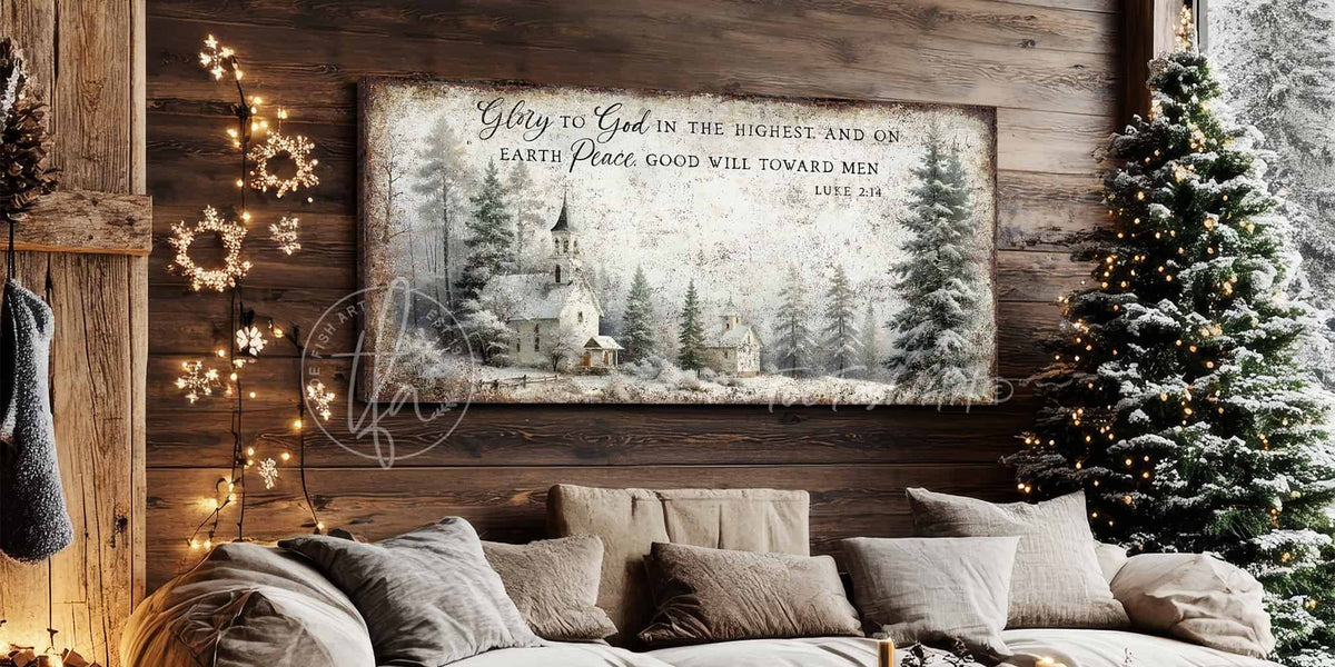 Toe Fish Art's signature best selling Christian faith-based decor for the Christmas season. - Glory to God in the Highest and on Earth Peace, Good Will Toward Men, Luke 2:14 scripture verse. Hand-painted rustic country winter forest church scene.
