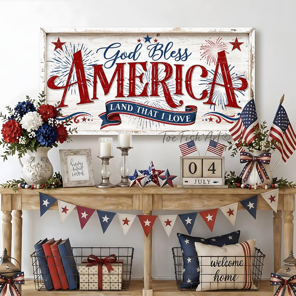 Celebrate America’s 250th anniversary with this God Bless America wall art by Toe Fish Art, a timeless tribute to faith, freedom, and patriotism in red, white, and blue, with a heartfelt message surrounded by stars and fireworks, perfect for 4th of July decor. Choose between premium framed canvas or durable outdoor metal. Toe Fish Art makes artisan wall art with American materials. Proudly Made in the USA, each piece is expertly constructed with genuine craftsmanship, heritage quality, and rustic charm.